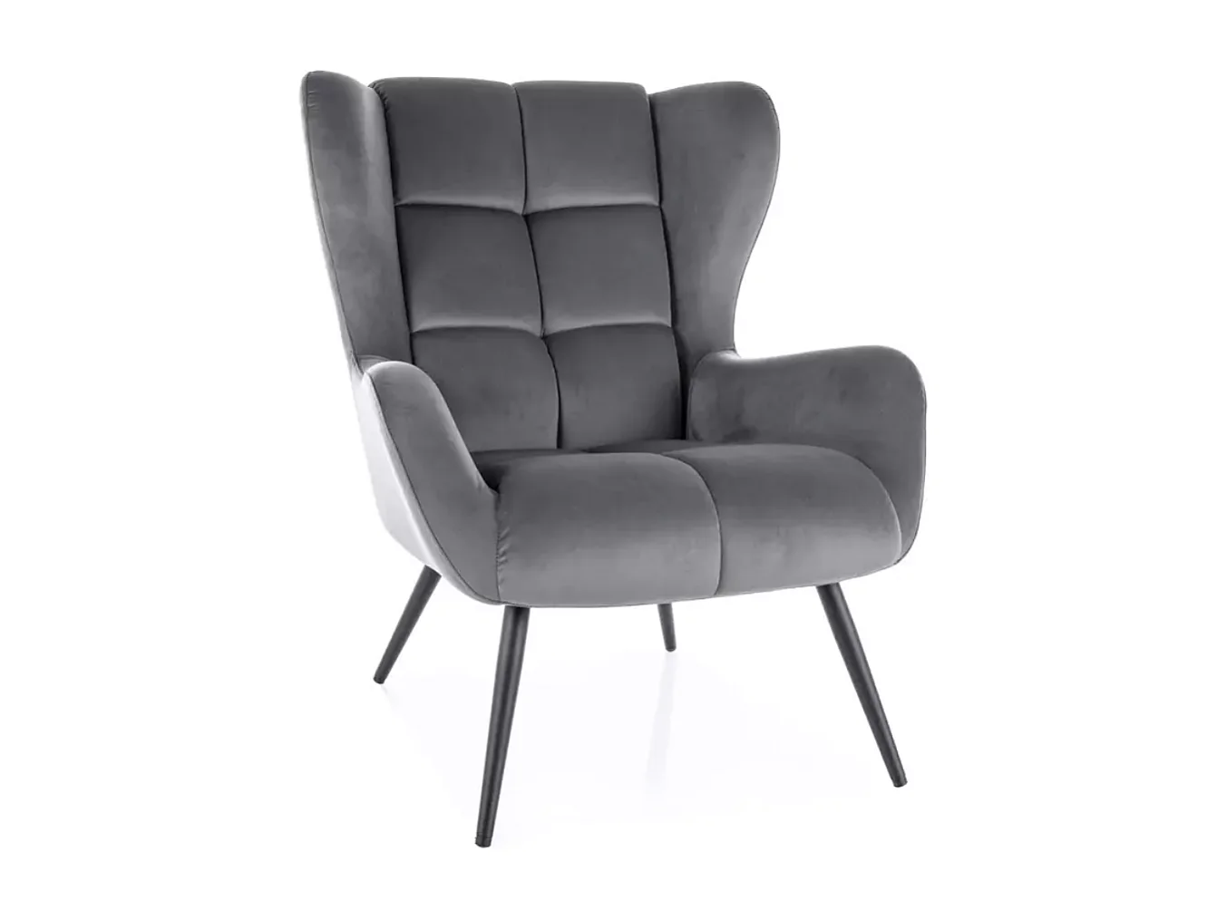 Fauteuil velours gris dossier capitonné esprit cosy pieds métal noir SUITE