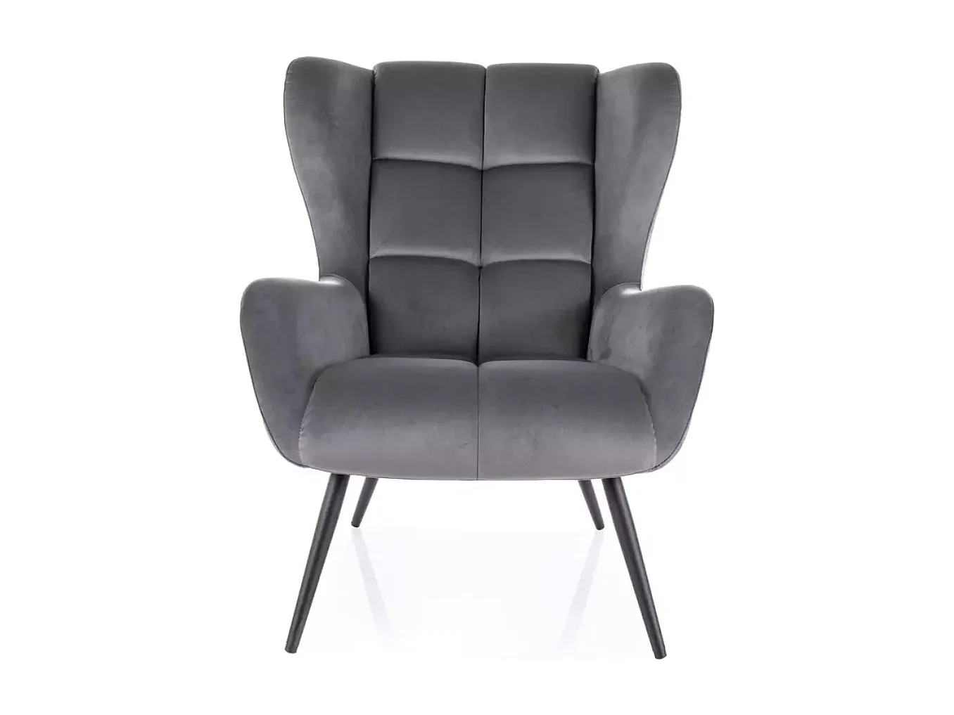 Fauteuil velours gris dossier capitonné esprit cosy pieds métal noir SUITE