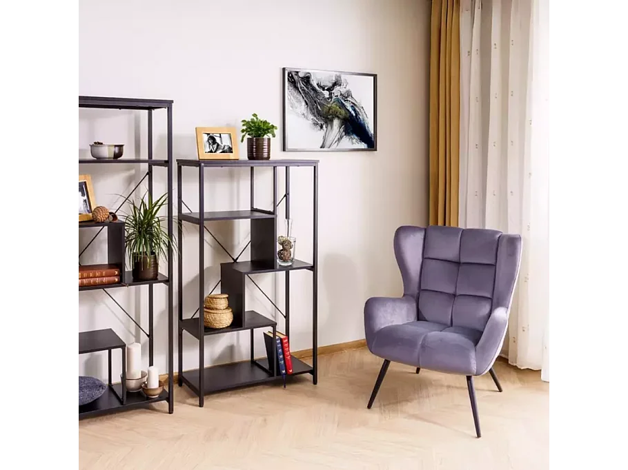 Fauteuil velours gris dossier capitonné esprit cosy pieds métal noir SUITE