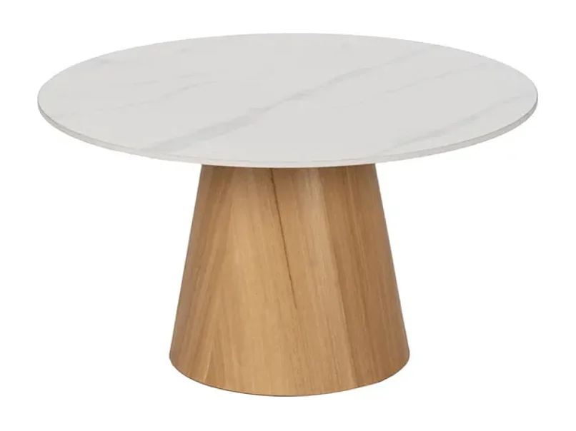 Table basse ronde 80 cm marbre céramique blanc socle conique chêne KEREA