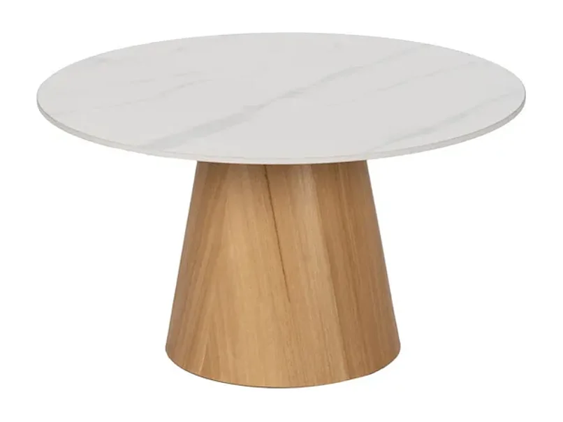Table basse ronde 80 cm marbre céramique blanc socle conique chêne KEREA