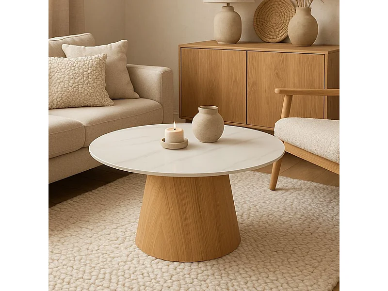 Table basse ronde 80 cm marbre céramique blanc socle conique chêne KEREA
