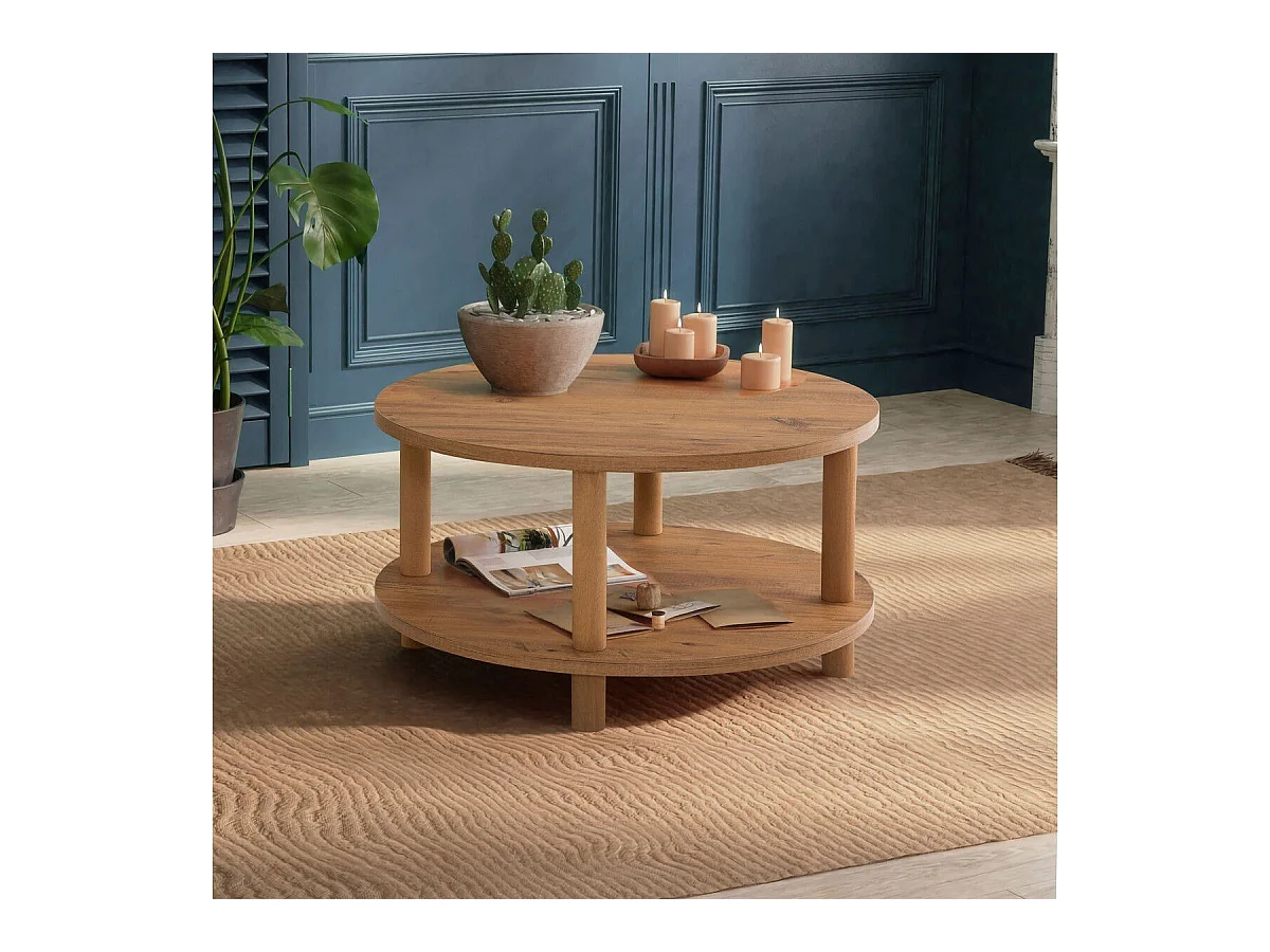 Table basse ronde 2 niveaux décor pin atlantique D70 cm - ROBY