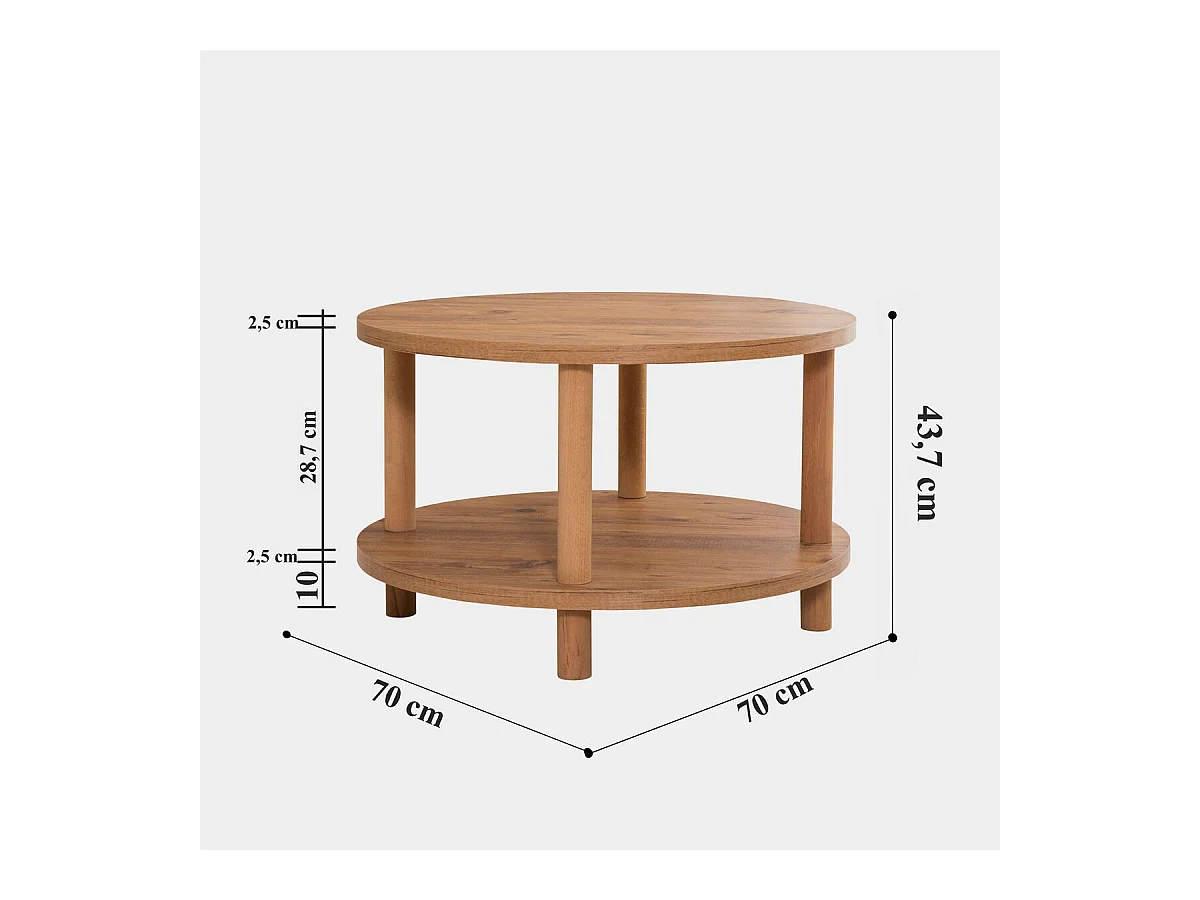 Table basse ronde 2 niveaux décor pin atlantique D70 cm - ROBY