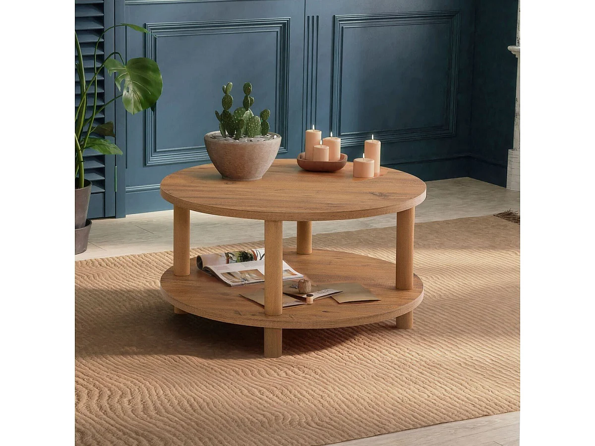 Table basse ronde 2 niveaux décor pin atlantique D70 cm - ROBY