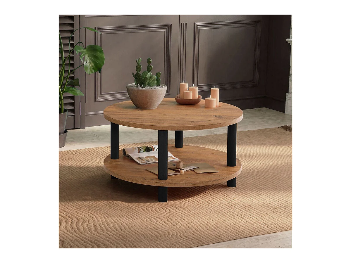 Table basse ronde 2 niveaux décor pin atlantique D70 cm - ROBY