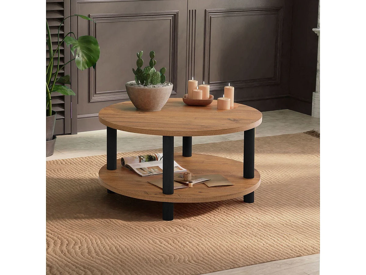 Table basse ronde 2 niveaux décor pin atlantique D70 cm - ROBY