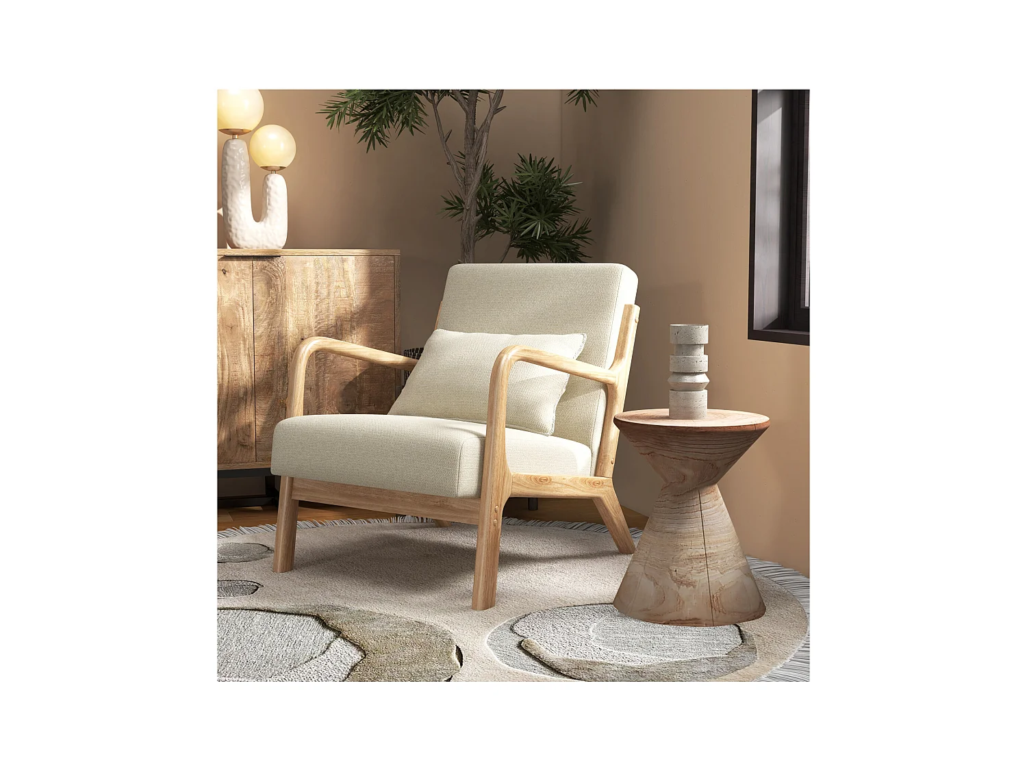 ZACK-Fauteuil en bois naturel et tissu Curly Ecru