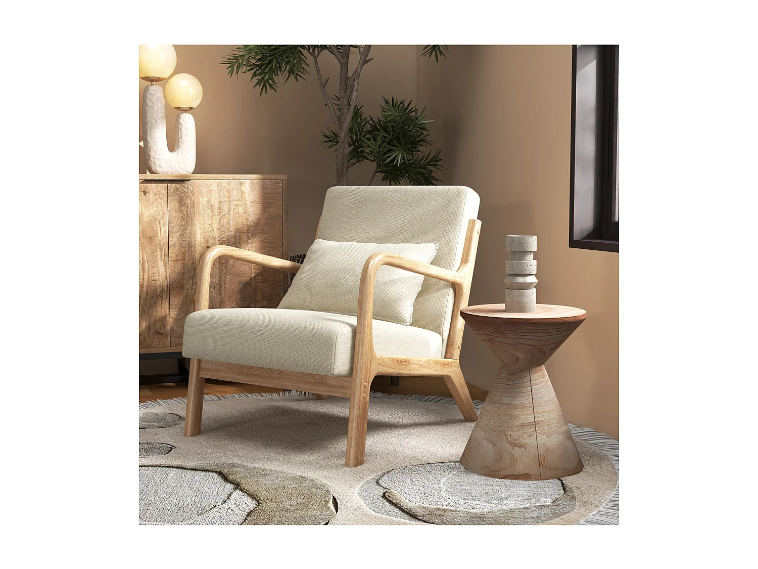 ZACK-Poltrona in tessuto  Ecru e legno naturale