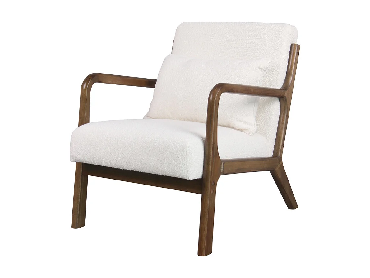 ZACK-Poltrona in tessuto Curly Ecru e legno tinto noce