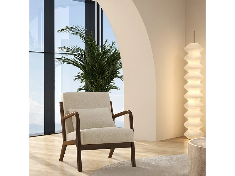 ZACK-Poltrona in tessuto Curly Ecru e legno tinto noce