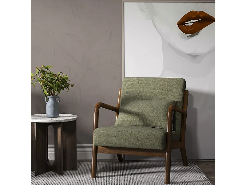 ZACK-Poltrona in tessuto verde e legno tinto noce