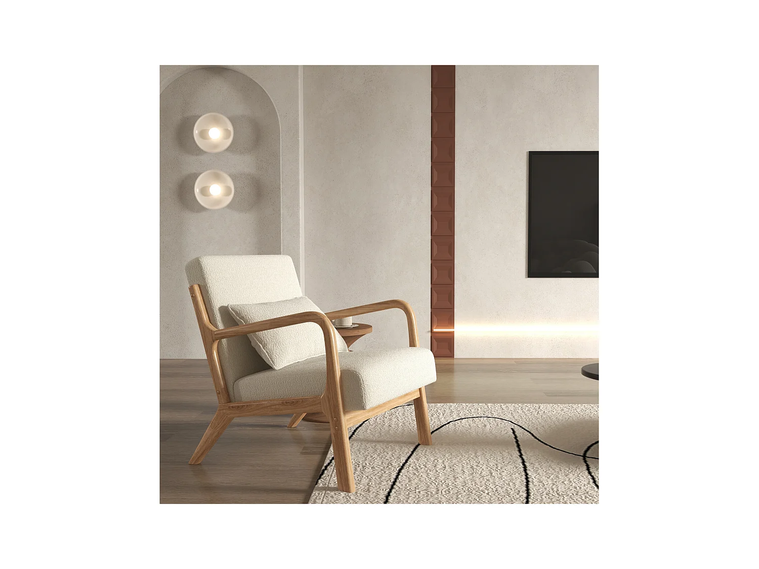 ZACK-Fauteuil en bois naturel tissu Curly Ecru