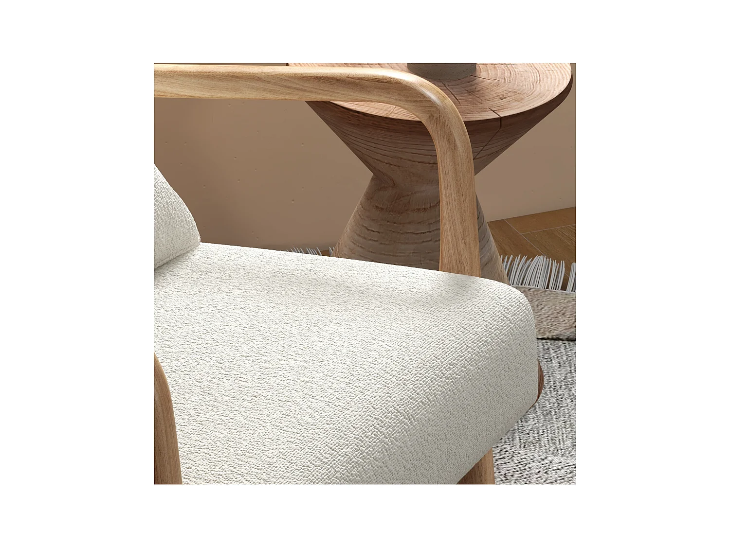 ZACK-Fauteuil en bois naturel tissu Curly Ecru