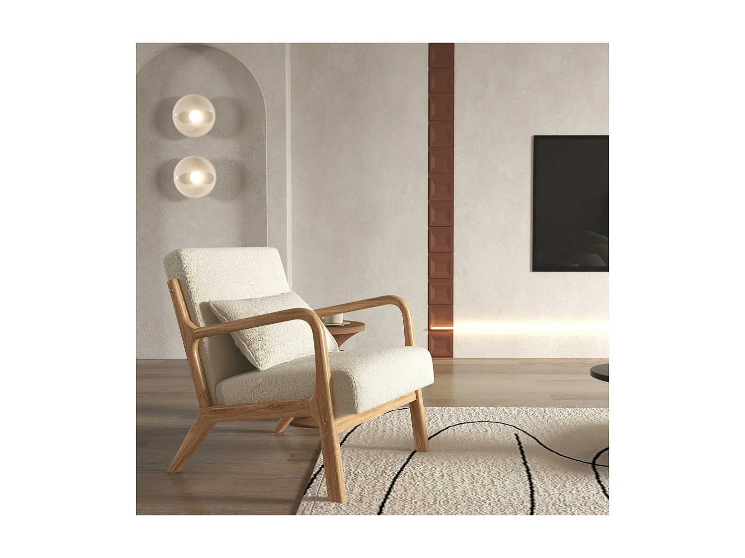 ZACK-Poltrona in tessuto Curly Ecru e legno naturale