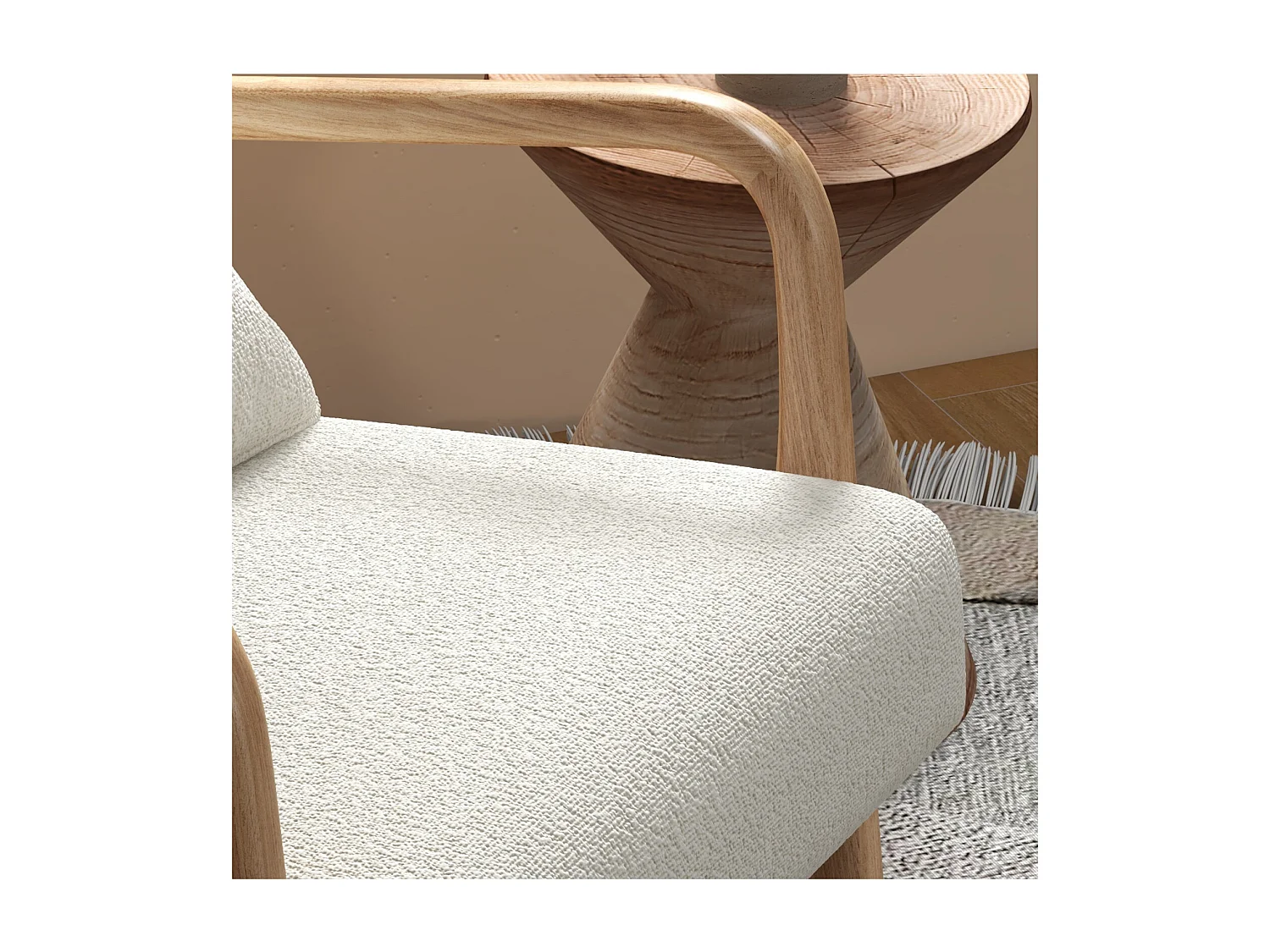 ZACK-Poltrona in tessuto Curly Ecru e legno naturale