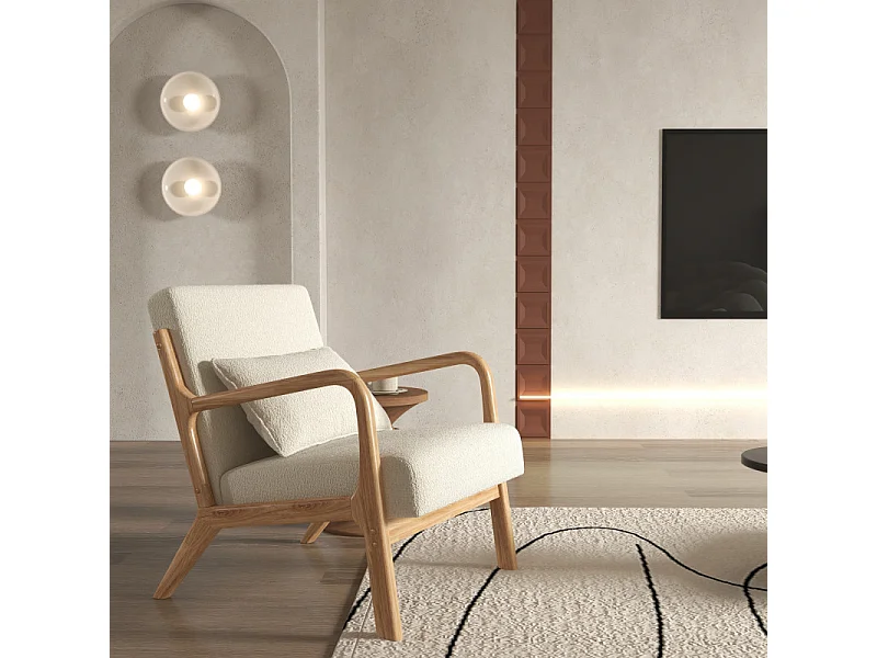 ZACK-Poltrona in tessuto Curly Ecru e legno naturale