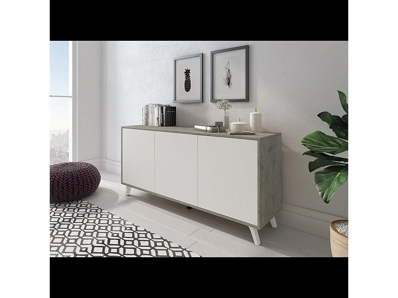 Credenza Moderna Madia 3 Ante Senza Maniglie Design Minimal Con Piedini Rialzati Per Soggiorno Ingresso Corridoio Salotto 154 x 72 x 40 Cm Bianco e Grigio Cemento