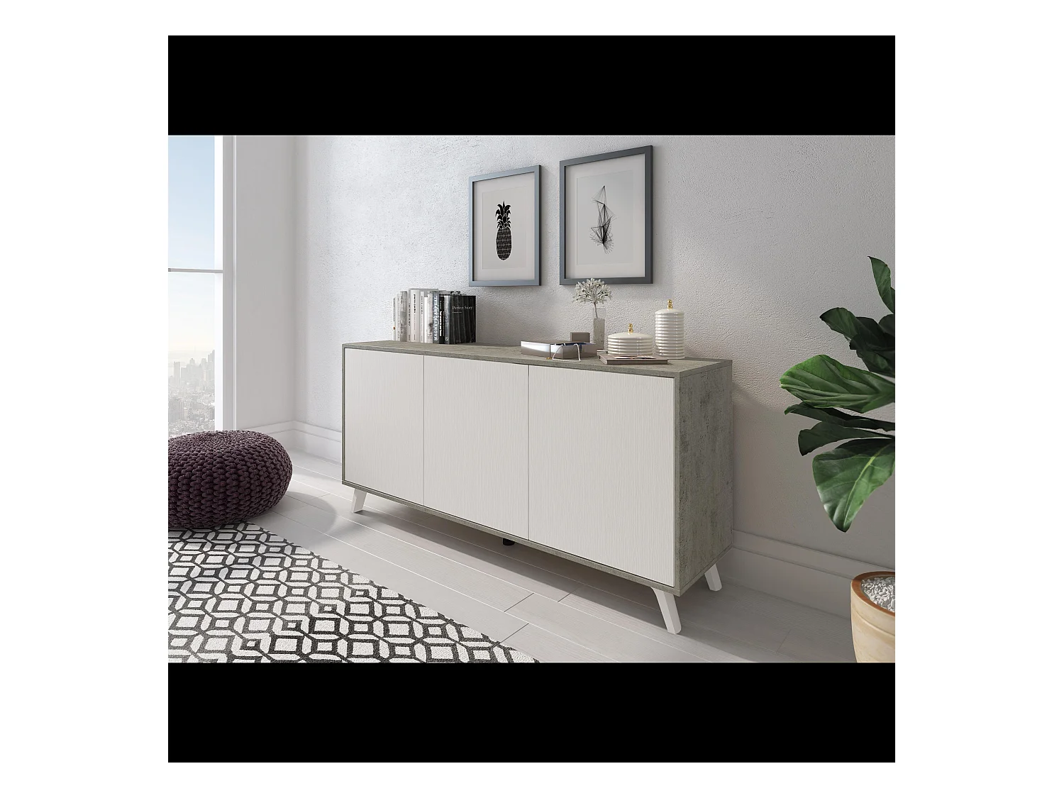 Credenza Moderna Madia 3 Ante Senza Maniglie Design Minimal Con Piedini Rialzati Per Soggiorno Ingresso Corridoio Salotto 154 x 72 x 40 Cm Bianco e Grigio Cemento