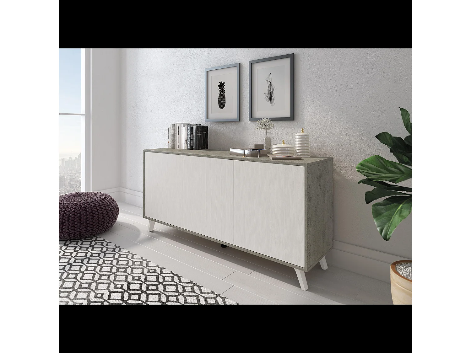Credenza Moderna Madia 3 Ante Senza Maniglie Design Minimal Con Piedini Rialzati Per Soggiorno Ingresso Corridoio Salotto 154 x 72 x 40 Cm Bianco e Grigio Cemento