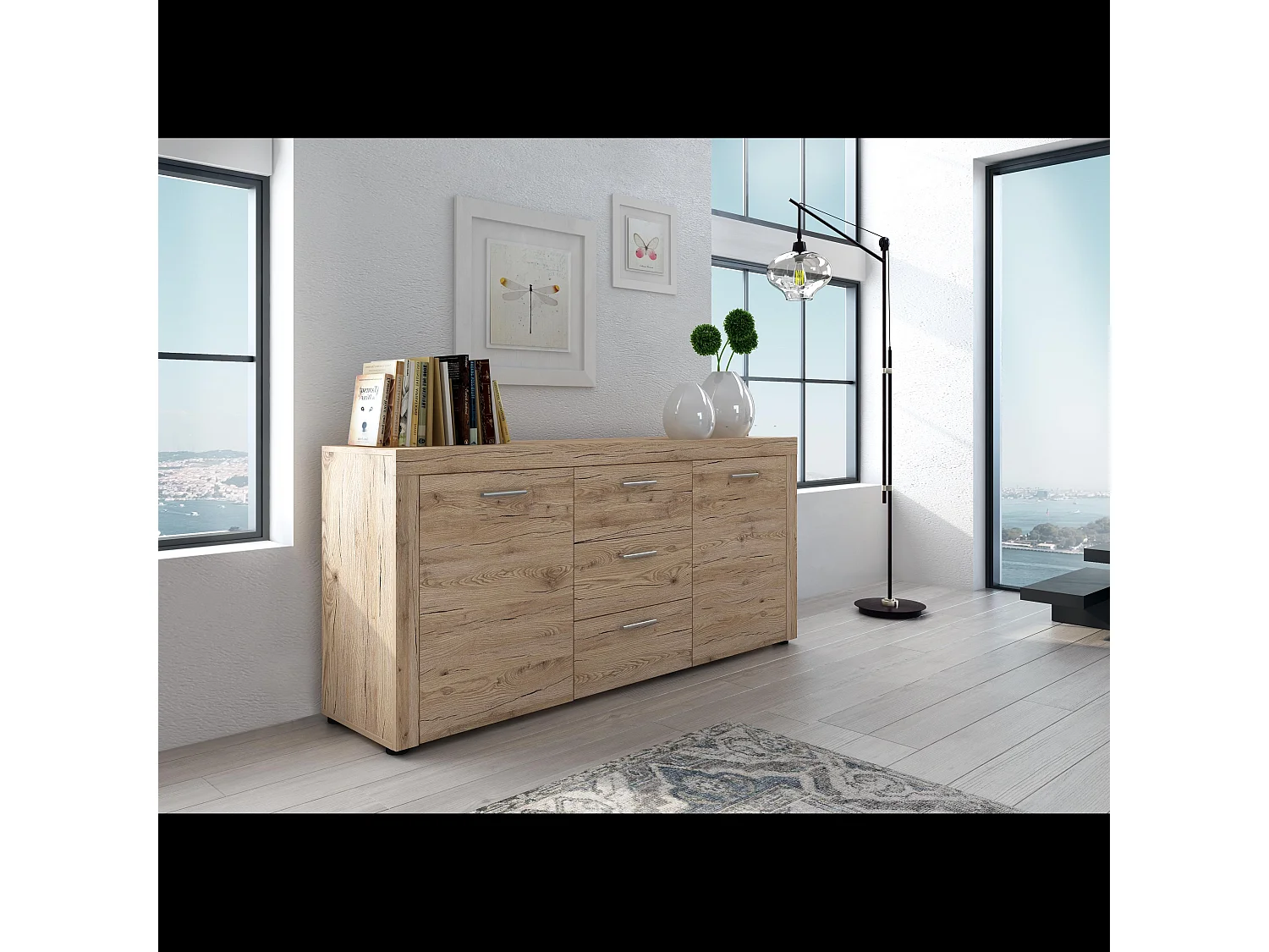 Credenza Madia Con 3 Cassetti E 2 Ante Laterali Mobile Contenitore Per Sala Da Pranzo Design Moderno Effetto Legno Naturale Soggiorno 167 x 77 x 41 cm Rovere