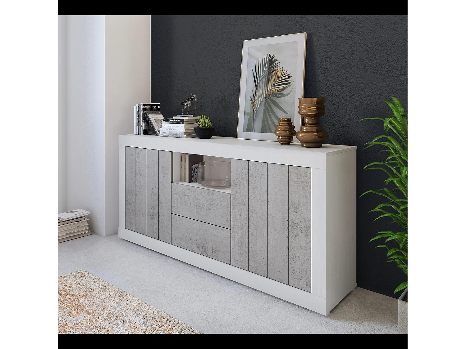 Credenza Moderna Madia Con 2 Ante 2 Cassetti Vano A Giorno Mobile Sala Da Pranzo Soggiorno Ingresso Corridoio Senza Maniglie 184 x 86 x 42 Cm Bianco Grigio Cemento
