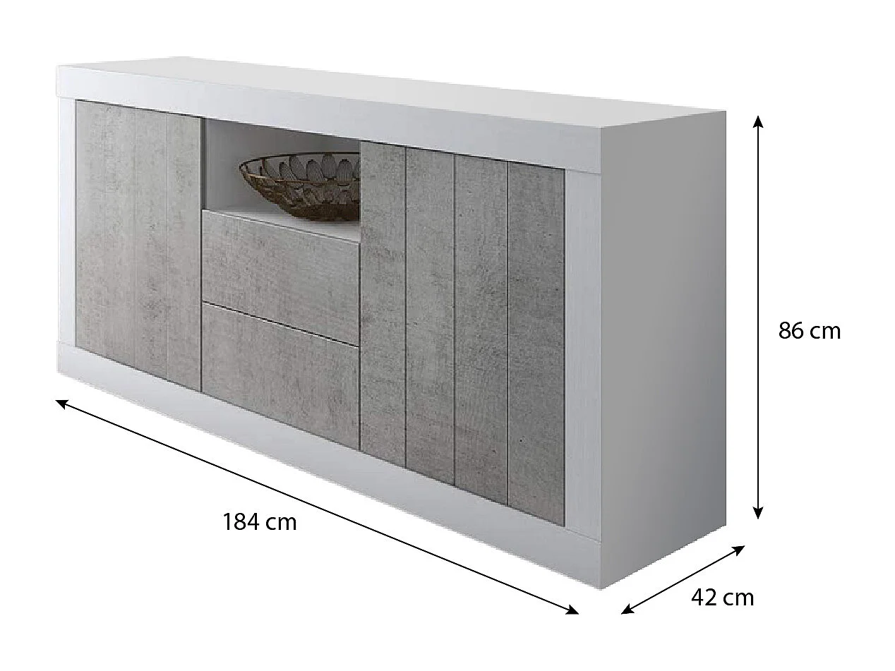 Credenza Moderna Madia Con 2 Ante 2 Cassetti Vano A Giorno Mobile Sala Da Pranzo Soggiorno Ingresso Corridoio Senza Maniglie 184 x 86 x 42 Cm Bianco Grigio Cemento