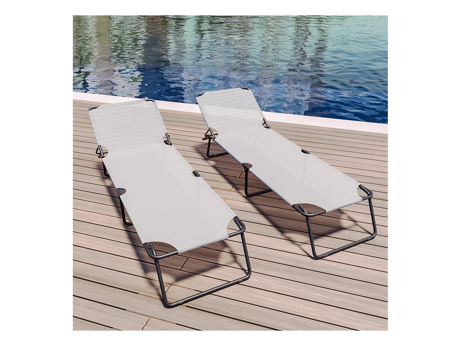 Coppia Di Lettini Pieghevoli Prendisole Senza Tettuccio Schienale Regolabile Struttura In Metallo Nero Sdraio Per Spiaggia Mare Giardino 187 x 53 x 24 Cm Gray