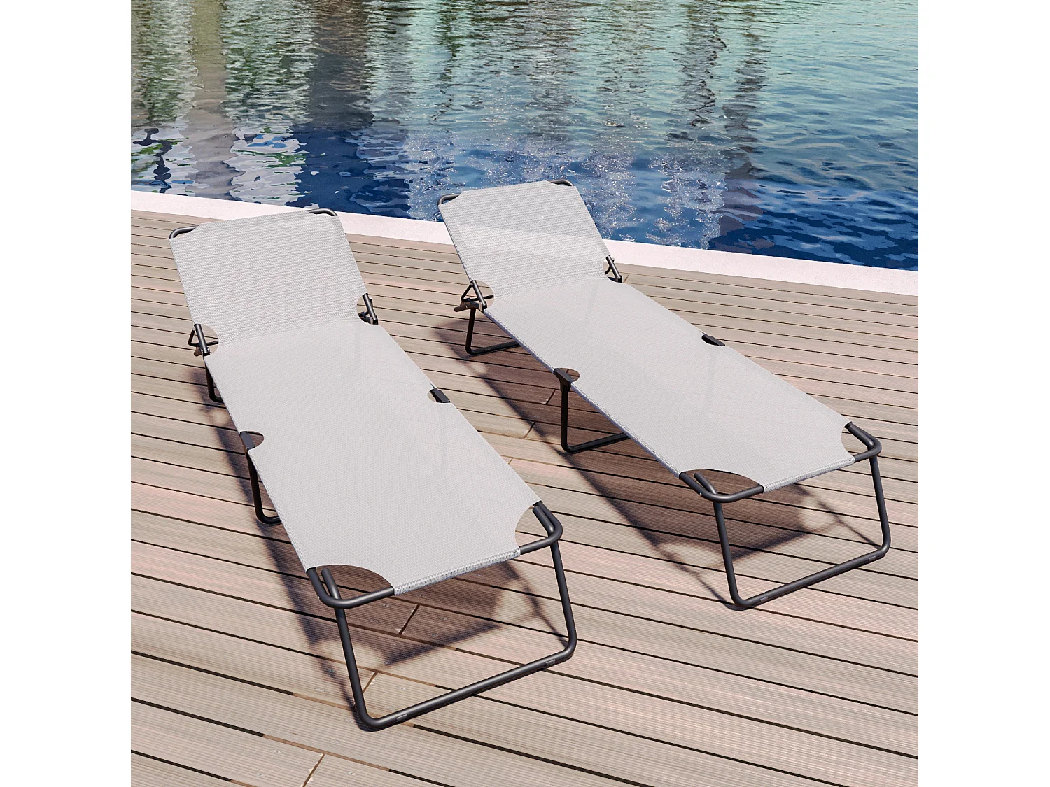 Coppia Di Lettini Pieghevoli Prendisole Senza Tettuccio Schienale Regolabile Struttura In Metallo Nero Sdraio Per Spiaggia Mare Giardino 187 x 53 x 24 Cm Gray