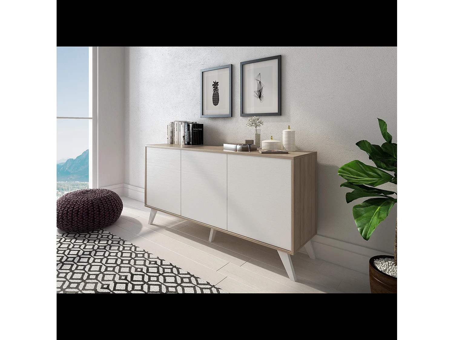 Credenza Moderna Madia 3 Ante Senza Maniglie Design Minimal Con Piedini RialzatiPer Soggiorno Ingresso Corridoio Salotto 154 x 72 x 40 Cm Bianco e Rovere