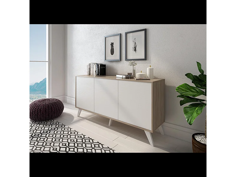 Credenza Moderna Madia 3 Ante Senza Maniglie Design Minimal Con Piedini RialzatiPer Soggiorno Ingresso Corridoio Salotto 154 x 72 x 40 Cm Bianco e Rovere