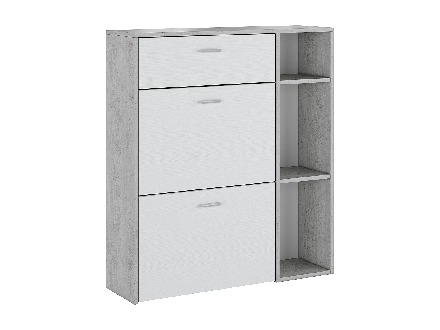 Scarpiera Mobile Portascarpe Salvaspazio Ingresso Con 2 Ribalte Doppia Profondità 1 Cassetto 3 Vani A Giorno Design 90 x 101.5 x 26 Cm Bianco e Grigio Cemento