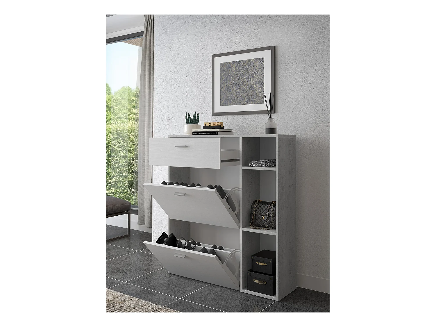 Scarpiera Mobile Portascarpe Salvaspazio Ingresso Con 2 Ribalte Doppia Profondità 1 Cassetto 3 Vani A Giorno Design 90 x 101.5 x 26 Cm Bianco e Grigio Cemento