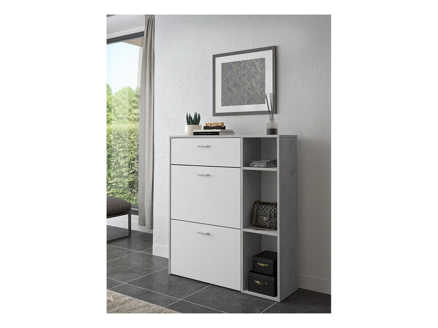Scarpiera Mobile Portascarpe Salvaspazio Ingresso Con 2 Ribalte Doppia Profondità 1 Cassetto 3 Vani A Giorno Design 90 x 101.5 x 26 Cm Bianco e Grigio Cemento