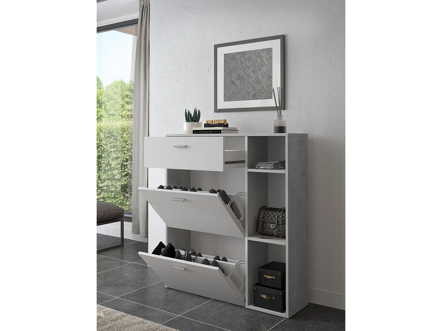 Scarpiera Mobile Portascarpe Salvaspazio Ingresso Con 2 Ribalte Doppia Profondità 1 Cassetto 3 Vani A Giorno Design 90 x 101.5 x 26 Cm Bianco e Grigio Cemento