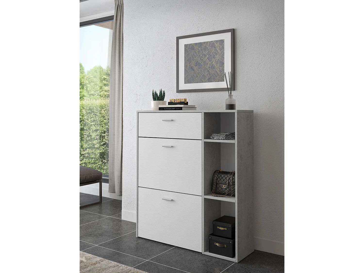 Scarpiera Mobile Portascarpe Salvaspazio Ingresso Con 2 Ribalte Doppia Profondità 1 Cassetto 3 Vani A Giorno Design 90 x 101.5 x 26 Cm Bianco e Grigio Cemento