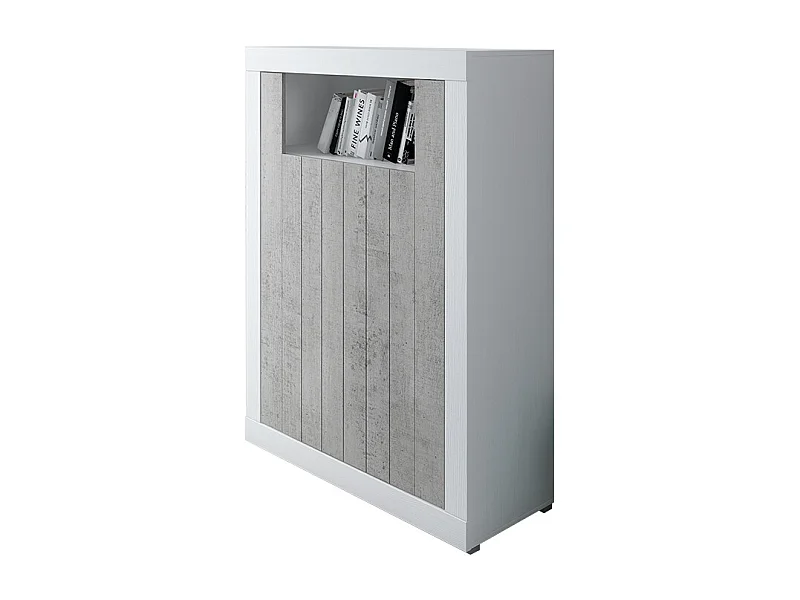 Credenza Alta con 2 Ante Vano A Giorno Madia Soggiorno Cucina Mobile Moderno Multi Spazio e Ripiani Credenza 110x144x42 Cm Bianco e Grigio Cemento
