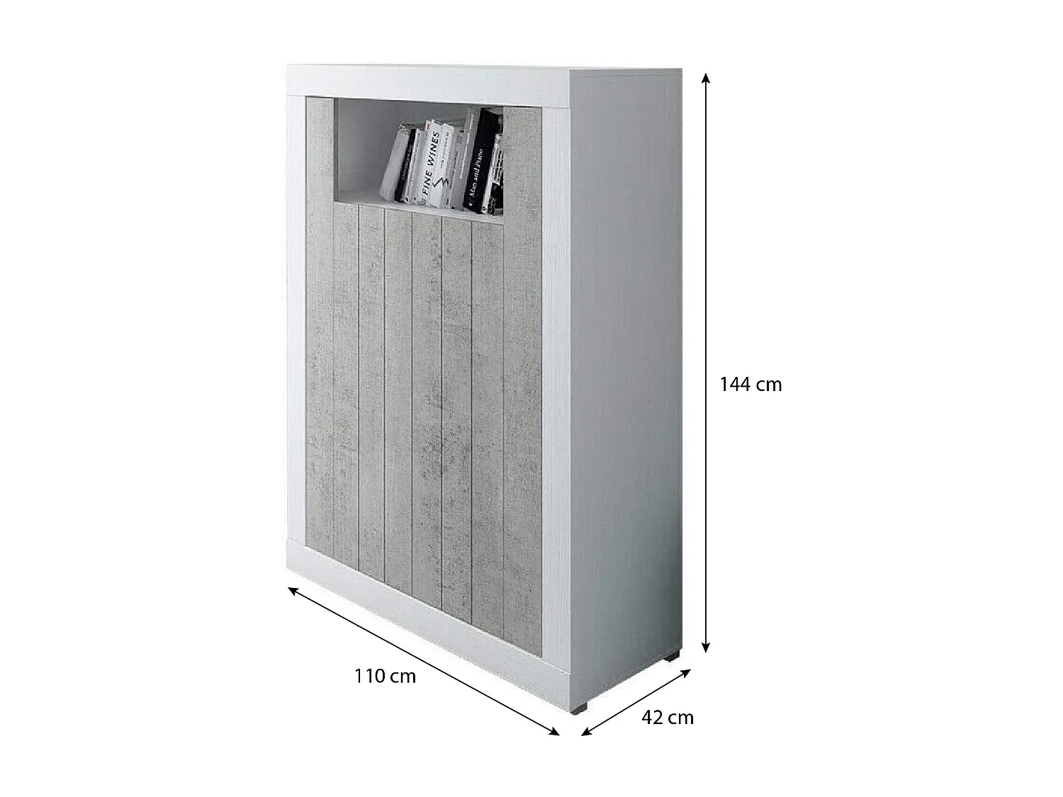 Credenza Alta Commodoro con 2 Ante E Vano A Giorno Madia Soggiorno Cucina Mobile Moderno con Vani Multi Spazio Ripiani Credenza 110x144x42 cm Bianco Grigio Cemento