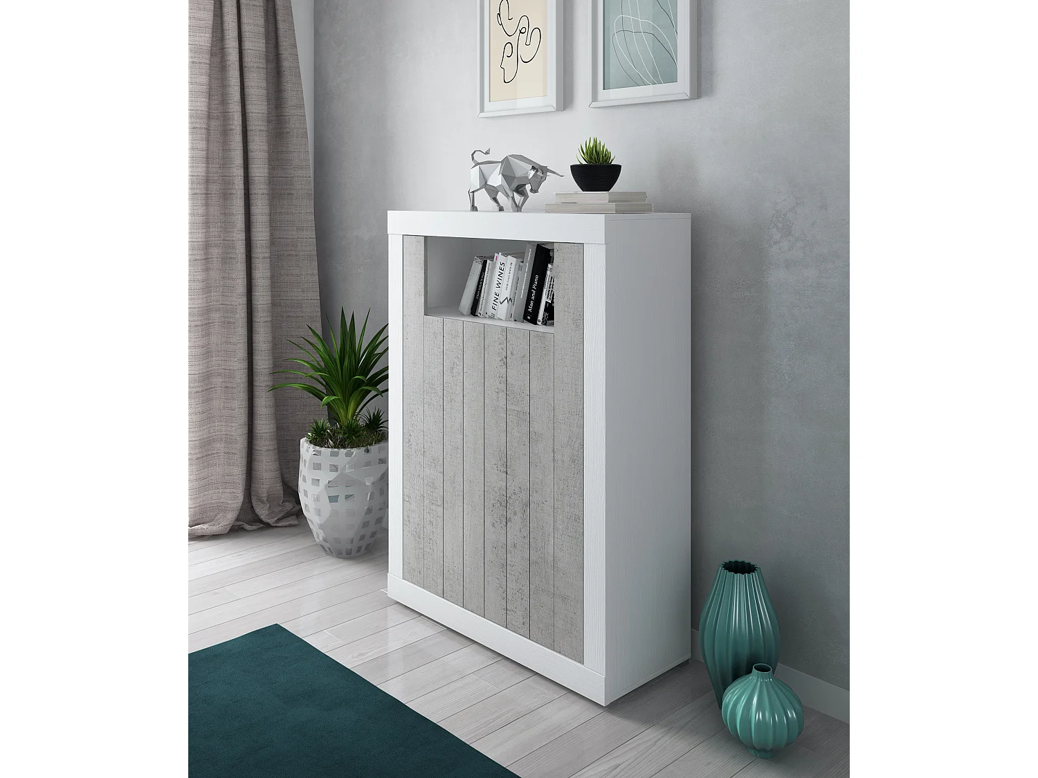 Credenza Alta Commodoro con 2 Ante E Vano A Giorno Madia Soggiorno Cucina Mobile Moderno con Vani Multi Spazio Ripiani Credenza 110x144x42 cm Bianco Grigio Cemento