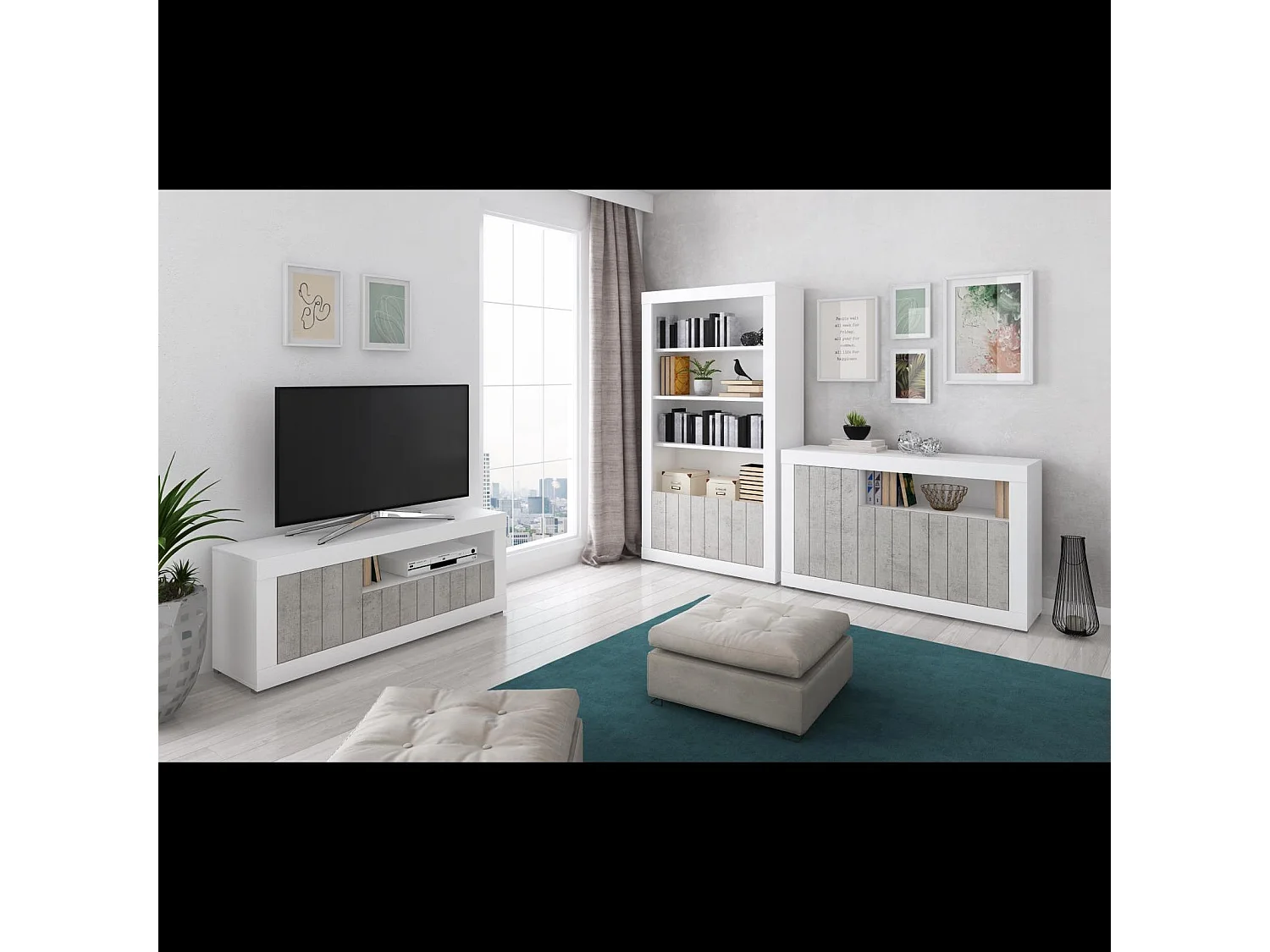 Credenza Alta Commodoro con 2 Ante E Vano A Giorno Madia Soggiorno Cucina Mobile Moderno con Vani Multi Spazio Ripiani Credenza 110x144x42 cm Bianco Grigio Cemento