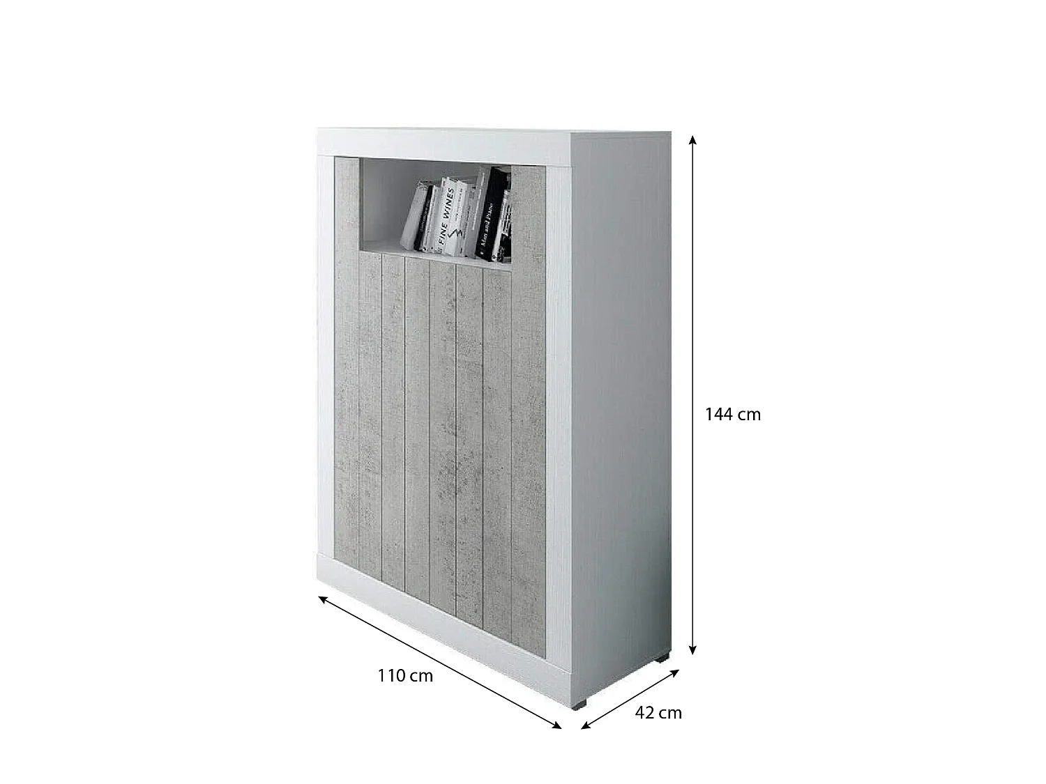 Credenza Alta Commodoro con 2 Ante E Vano A Giorno Madia Soggiorno Cucina Mobile Moderno con Vani Multi Spazio Ripiani Credenza 110x144x42 cm Bianco Grigio Cemento