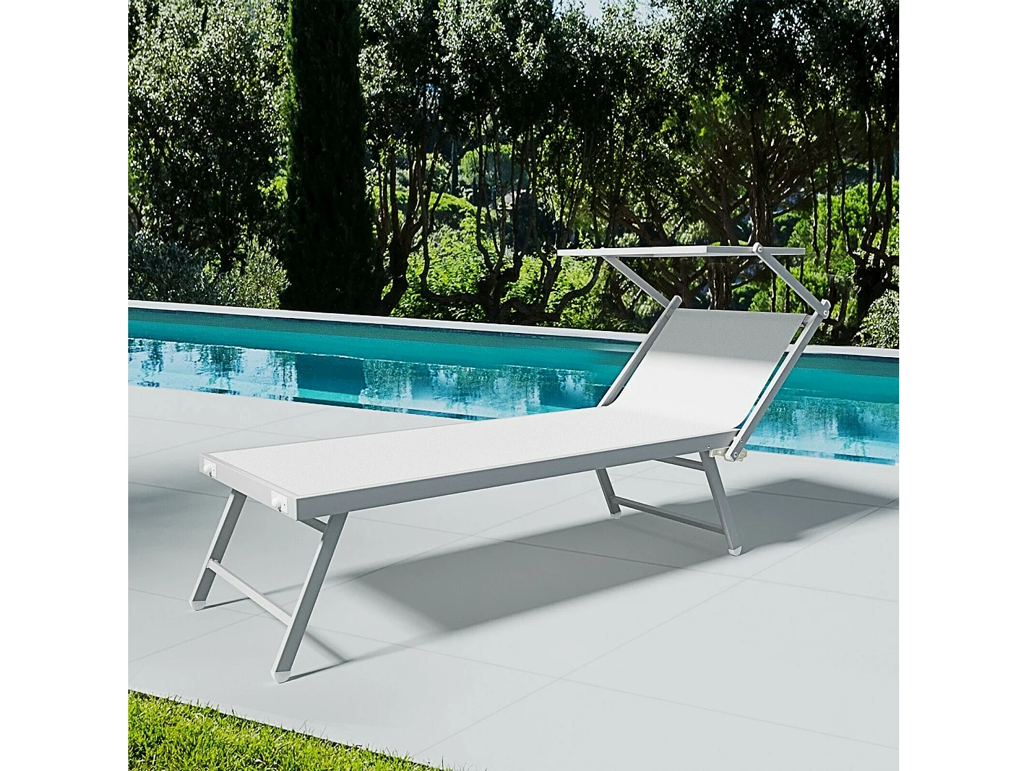 Coppia Di Lettini Prendisole Pieghevole Professionale in Alluminio e Tessuto Textilene Tettuccio Parasole Sdraio Mare Spiaggia 182x60x38 cm Bianco