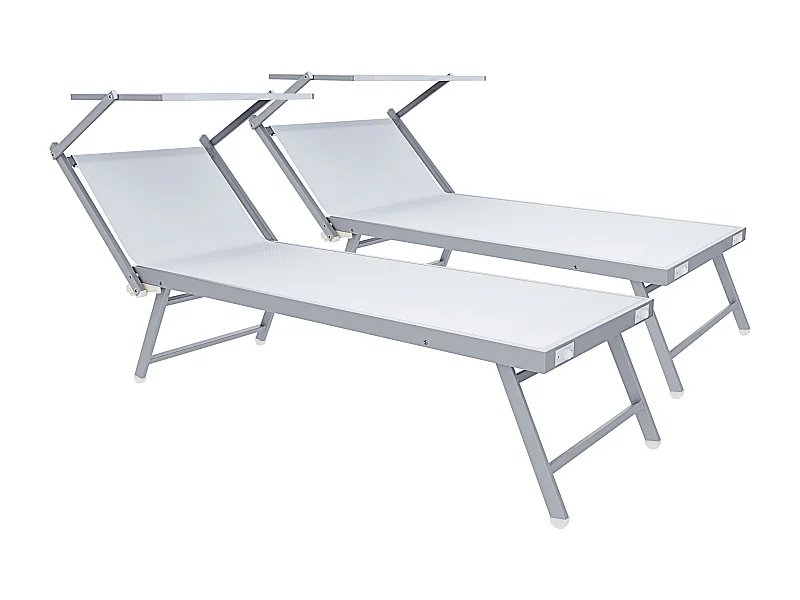 Coppia Di Lettini Prendisole Pieghevole Professionale in Alluminio e Tessuto Textilene Tettuccio Parasole Sdraio Mare Spiaggia 182x60x38 cm Bianco