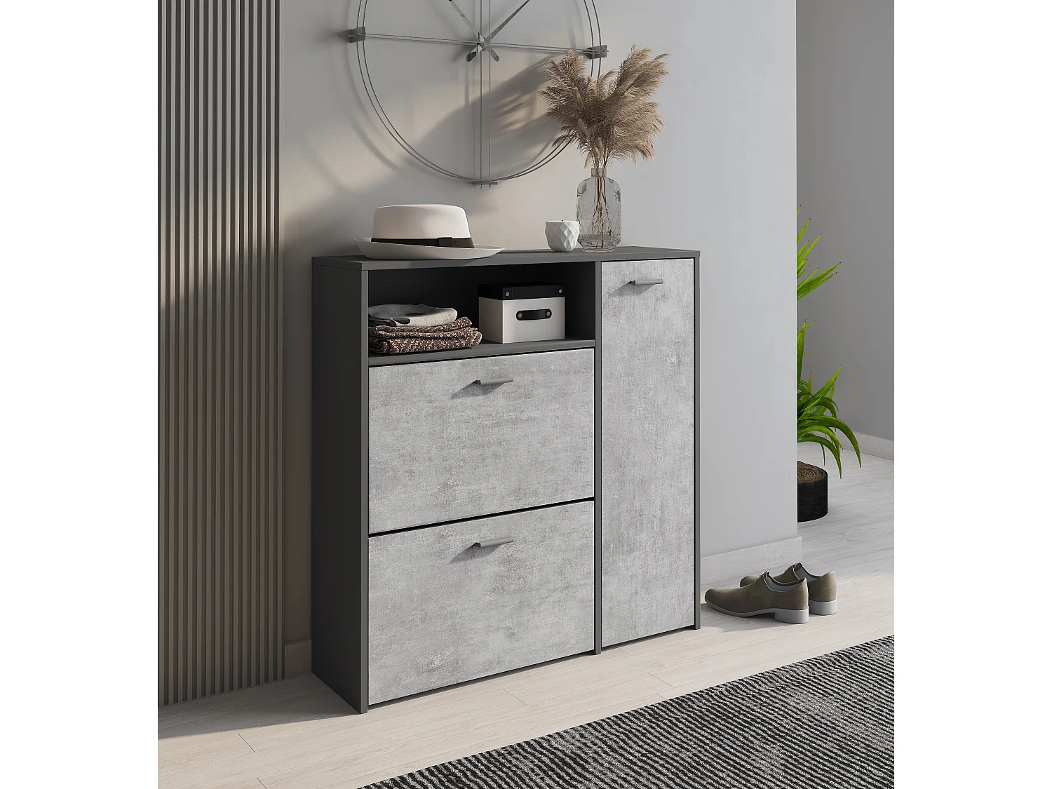 Scarpiera Mobile Portascarpe Salvaspazio Ingresso Con 2 Ribalte Doppia Profondità 3 Ante Con Ripiani Design Moderno Per Corridoio 91.5 x 94 x 26.6 Cm Grigio Cemento