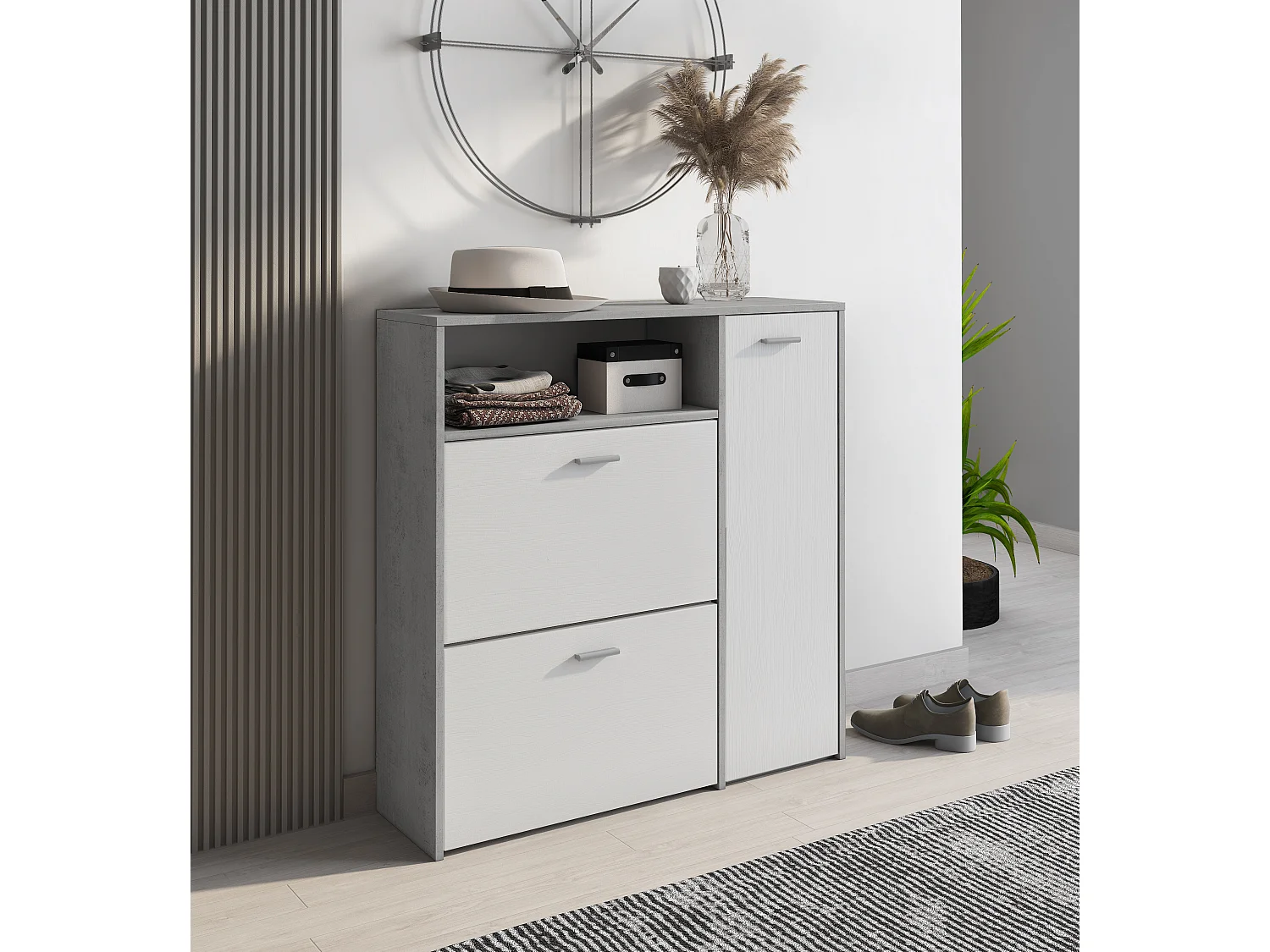 Scarpiera Mobile Portascarpe Salvaspazio Ingresso Con 2 Ribalte Doppia Profondità 4 Vani A Giorno Design Moderno 91.5x94x26.6 Cm Bianco Grigio Cemento