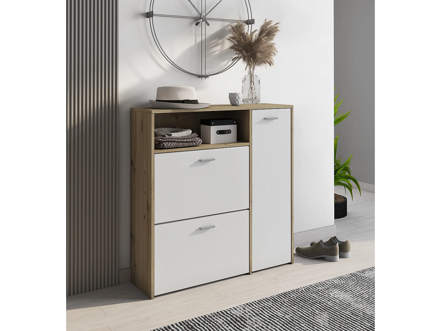 Scarpiera Mobile Portascarpe Salvaspazio Ingresso Con 2 Ribalte Doppia Profondità 3 Ante Con Ripiani Design Moderno Per Corridoio 91.5 x 94 x 26.6 Cm Bianco Rovere