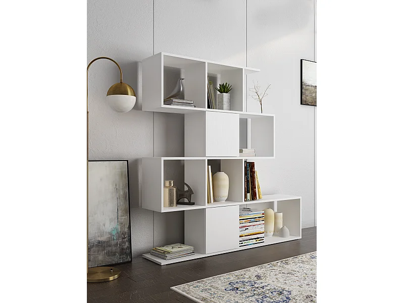 Libreria Moderna Asimmetrica Porta Libri Mensole Ripiani Design Bifacciale Con Vani Aperti e Chiusi Soggiorno Salotto 145 x 27,8 x 142 Cm Bianco