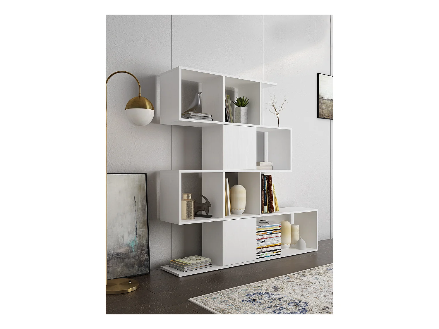 Libreria Moderna Asimmetrica Porta Libri Mensole Ripiani Design Bifacciale Con Vani Aperti e Chiusi Soggiorno Salotto 145 x 27,8 x 142 Cm Bianco