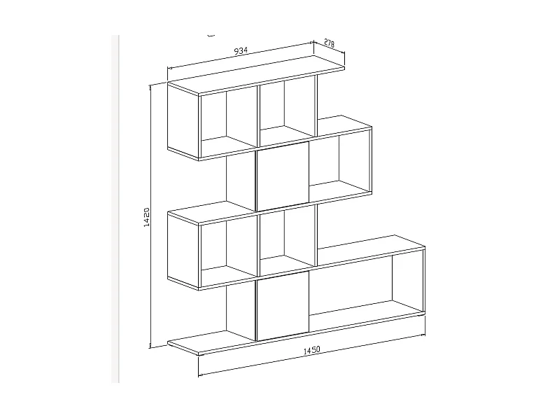 Libreria Moderna Asimmetrica Porta Libri Mensole Ripiani Design Bifacciale Con Vani Aperti e Chiusi Soggiorno Salotto 145 x 27,8 x 142 Cm Bianco