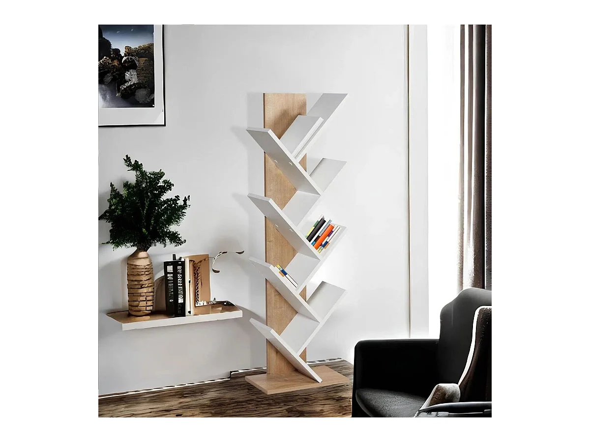 Etagère bibliothèque décor chêne et blanc H129,8 cm - TUVAL